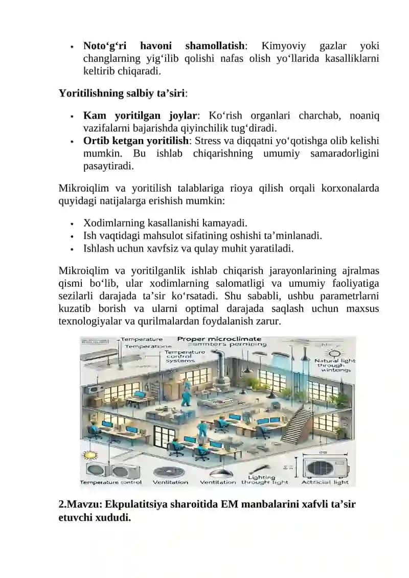 Ishlab chiqarishda mikroiqlim parametrlari yoritilganlik ish faoliyati. 3