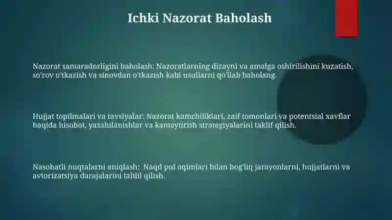 Pul mablag'lari xarakati bilan bog'liq muomalar auditining uslubi 3