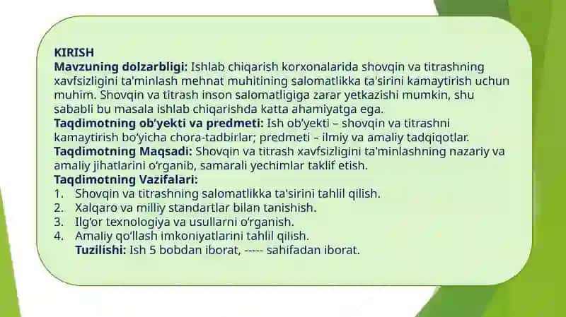 Ishlabchiqarish korxonalaridashovqinvatitrashxavfsizliginita'minlashchora–tadbirlari mavzusidabajargan kursloyihasi 3