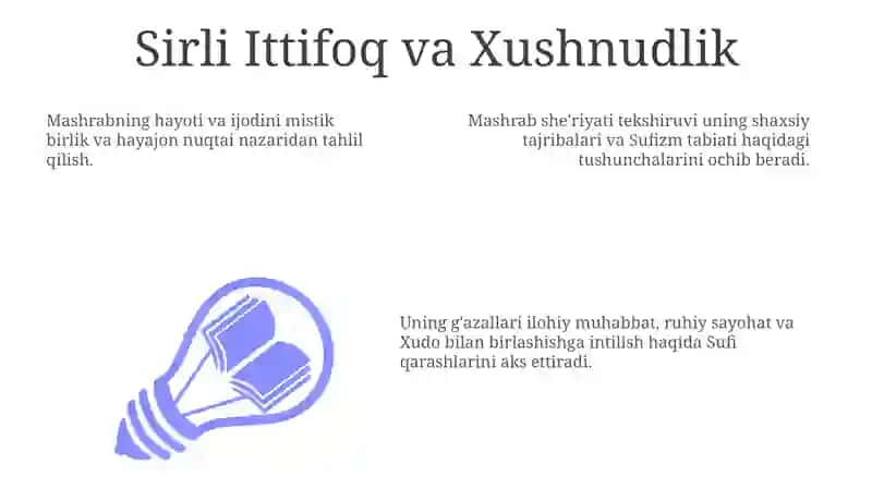 Mashrab hayoti va ijodi.Uning gʻazallarida tasavvufiy qarashlar 3