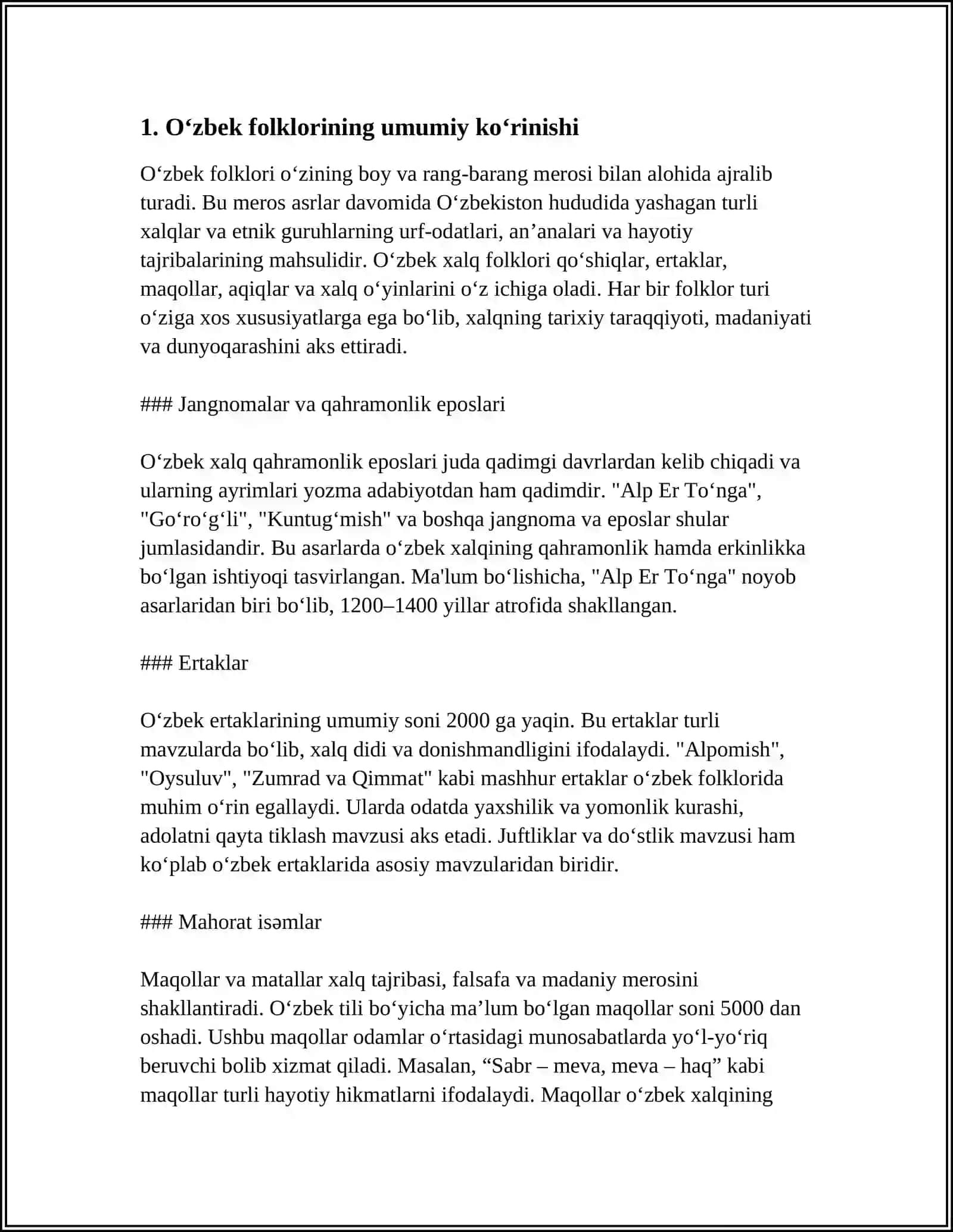 OʻZBEK FOLKLORINING JANRLAR TIZIMI HAQIDAGI MATERIAL TOʻPLASH VA TAHLIL QILISH 3