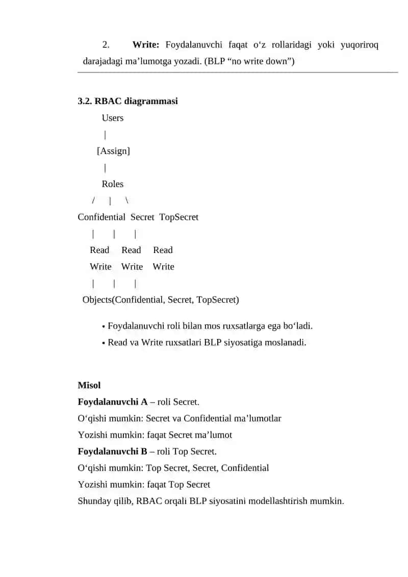 RBAC YORDAMIDA BELL-LAPADULA XAVFSIZLIK SIYOSATINI MODELLASHTIRISH 3
