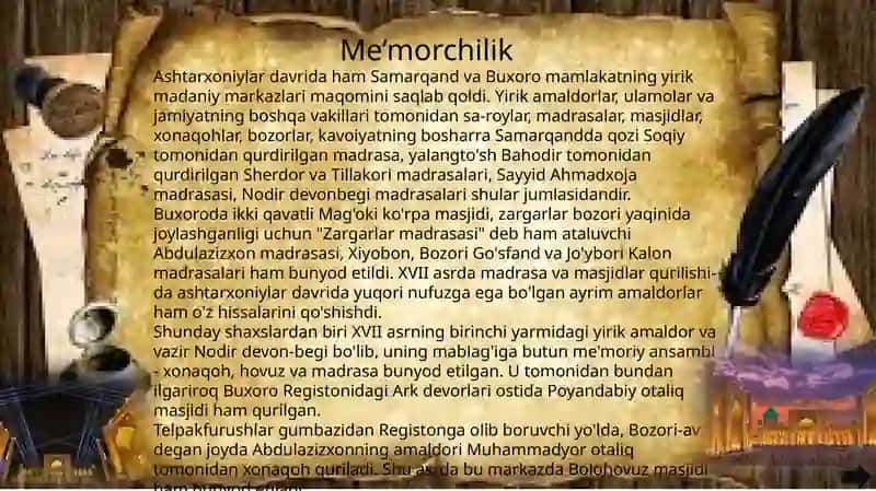 Ashtarxoniylar davrida  me’morchilik va ta’lim  Mang’itlar  davrida  ilm-fan va                       madaniyat 3