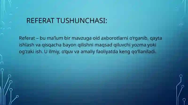 REFERAT IKKILAMCHI MATN JANRI SIFATIDA. REFERAT TURLARI. REFERATNING   TUZILISHI VA TIL KLISHELARI 3