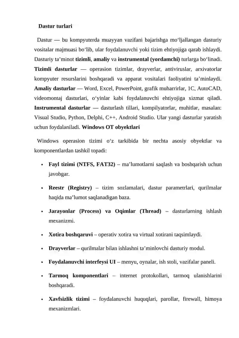 Dastur turlari.Windows OT obyektlari.Windows operasion tizimni kompyuterga oʻrnatish(Instalizatsiya qilish). Operasion sistemaning boshqa turlari 3