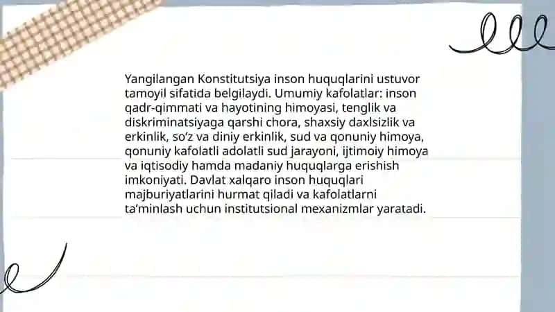Yangilangan Konstitutsiyada inson va fuqarolarning huquq va erkinliklari hamda burchlarining mustahkamlanishi 3
