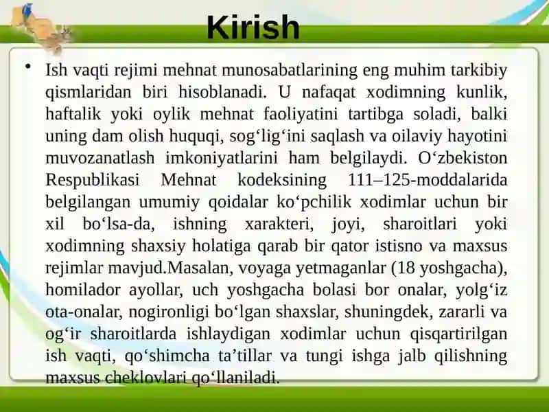 Ayrim toifadagi xodimlar ish vaqti rejimining o‘ziga xos xususiyatlari 3