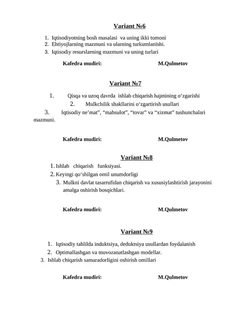 "IQTISODIYOT NAZARIYASI" FANIDAN YAKUNIY NAZORAT SAVOLLARI 3