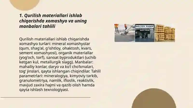 Qurulish materiallari buyumlarini tayyorlashning asosiy prinsiplari, asosiy nazariy yoʻnalishlar tahlili 3
