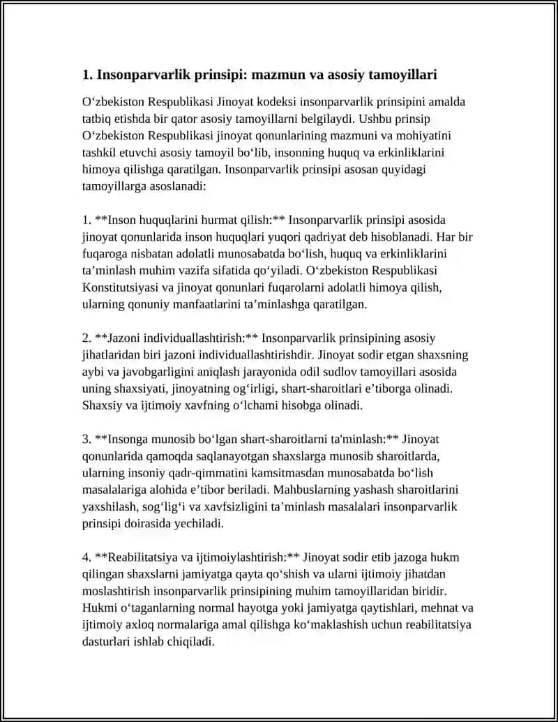 O'ZBEKISTON RESPUBLIKASI JINOYAT KODEKSINING INSONPARVARLIK PRINSIPI MAZMUN MOXIYATINI OCHIB BERING 3
