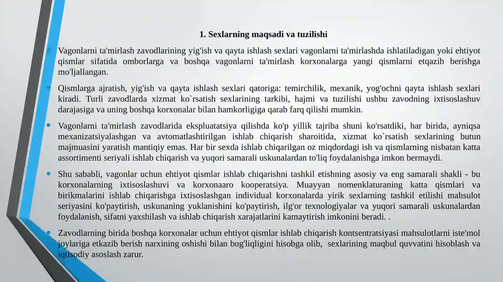 Vagonlarni ta'mirlash korxonalarining sexlari va xizmat ko'rsatish xo'jaliklarining tarkibi 3