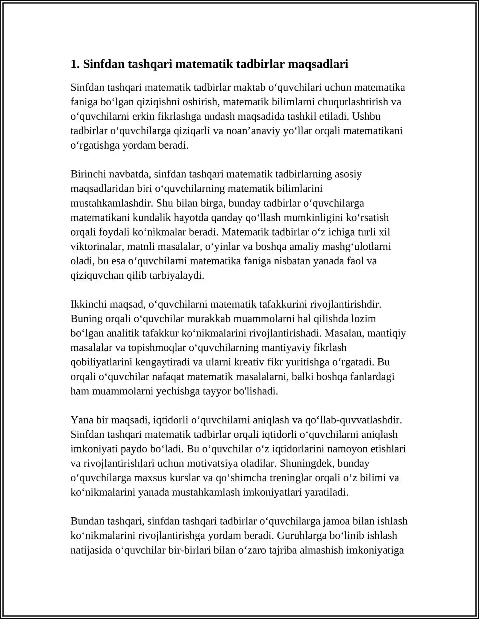 BOSHLANGʻICH SINFLARDA MATEMATIKA SINFDAN TASHQARIDA ISHLARINI TASHKIL ETISH MAQSAD VA VAZIFA 3