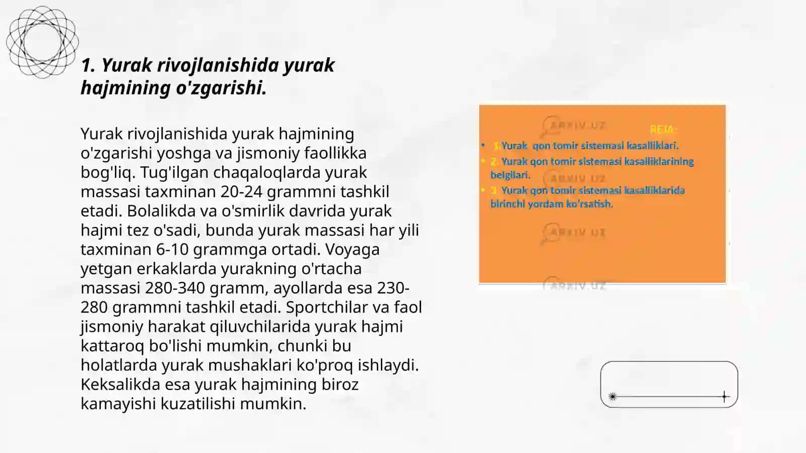 Bola rivojlanishida yurak xajmini o‘zgarishi,yurak bo‘shlig‘i kengligi bilan qon tomirlar nisbati, ularning gemodinamik ko‘rsatkichlarning ahamiyati 3