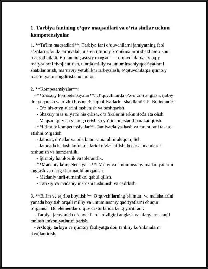 UMUM TA’LIM MAKTABLARI O’RTA SINFLARDA TARBIYA FANI MAZMUNI 3