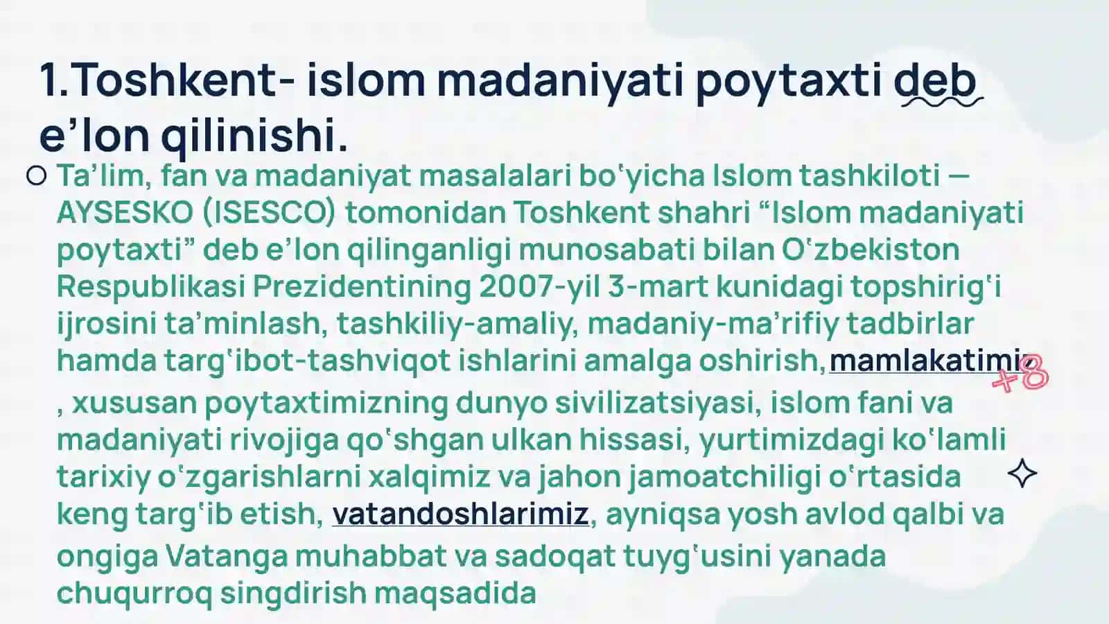 2007 YILDA TOSHKENT- ISLOM MADANIYATI POYTAXTI DEB E’LON QILINISHINING MAZMUN VA MOHIYATI 3