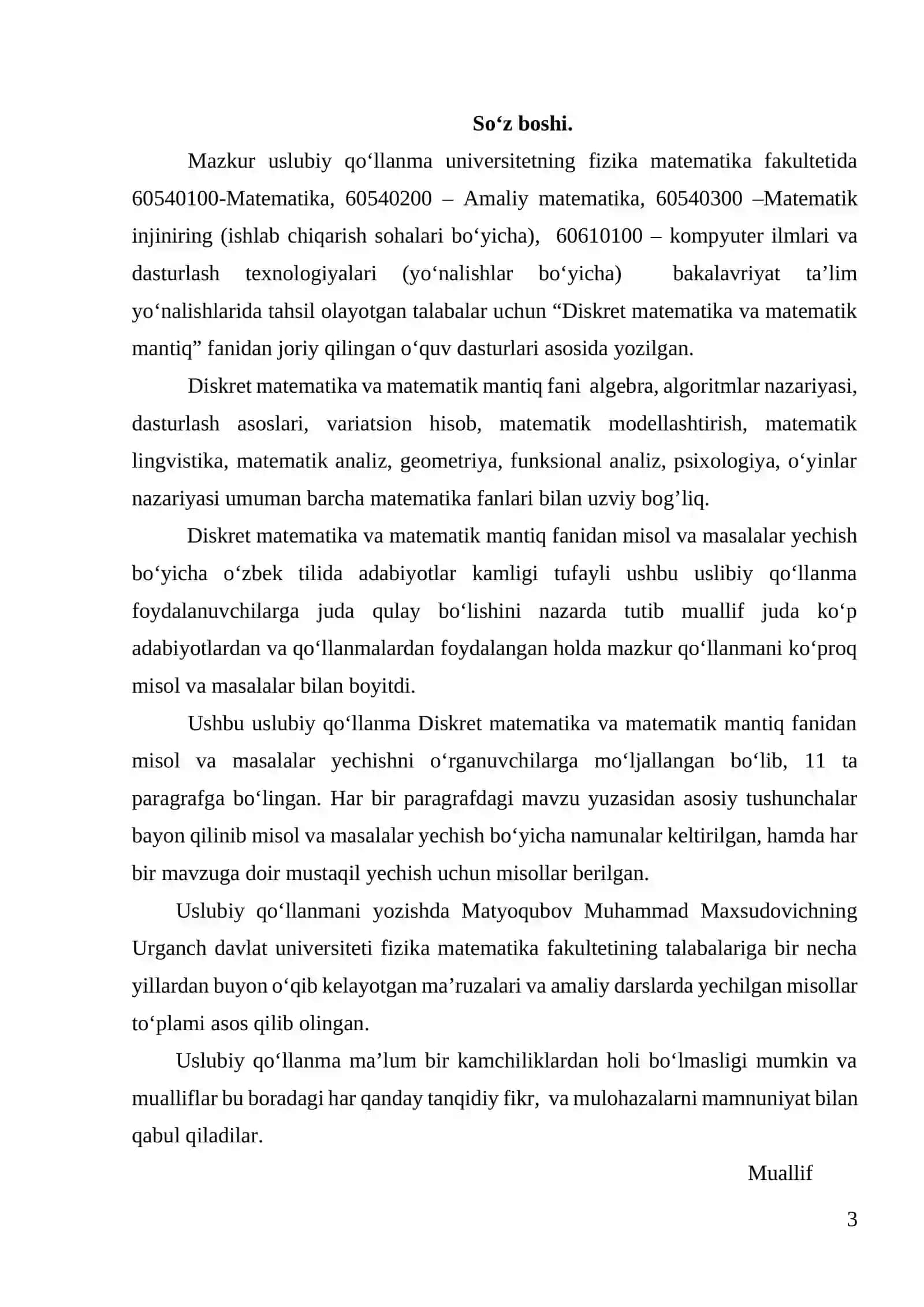 Diskret matematika va matematik mantiq fanidan misol va masalalar to‘plami 3