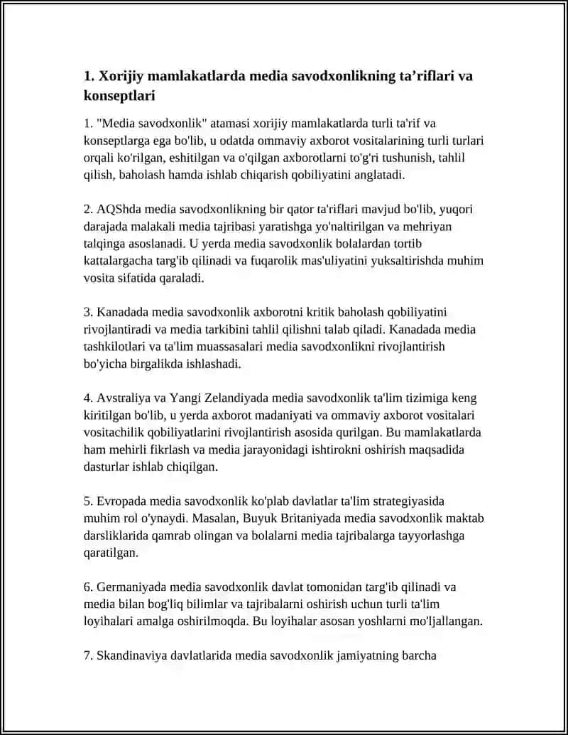 XORIJIY MAMLAKATLARDA MEDIA SAVODXONLIK VA AXBOROT MADANIYATI. 10 TA GLOSARIY TEST 3