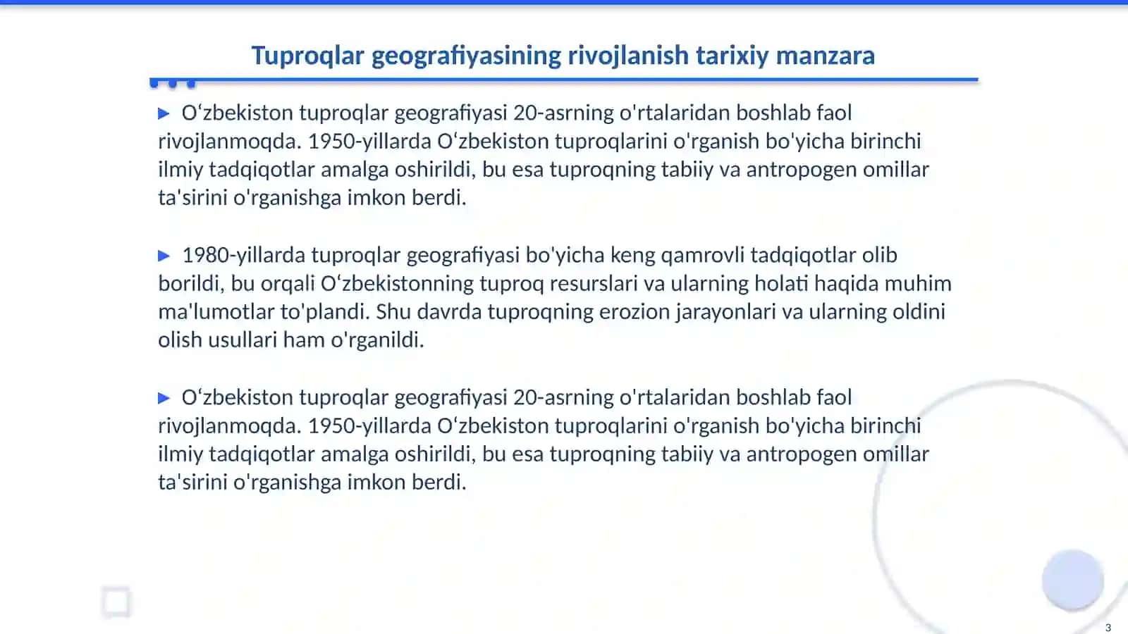 O‘zbekistonda tuproqlar geografiyasining rivojlanishi. O‘zbekistonning tekislik mintaqasi tuproqlari geografiyasi va uni muhofaza qilish 3