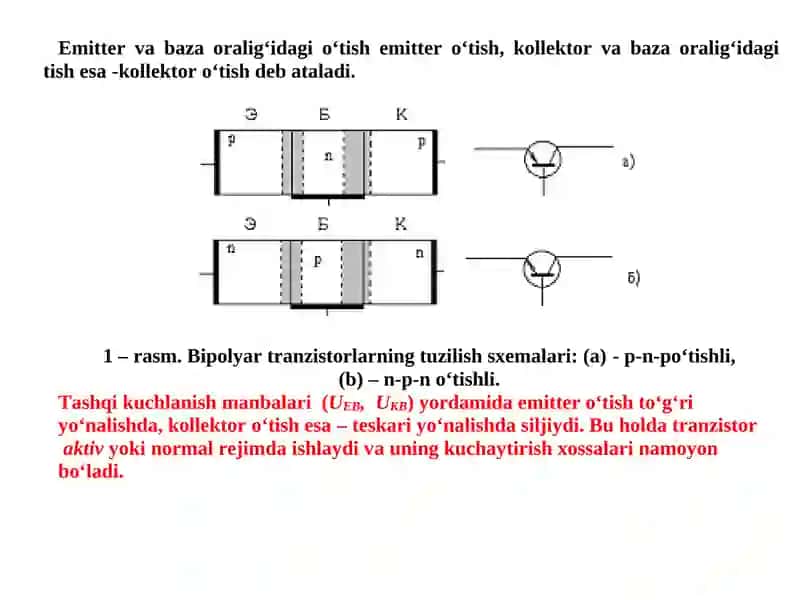 Bipolyar tranzistor р-n-рvan-р-no‘tkazuvchanlikka ega bo‘lgan uchta yarim o‘tkazgich 3