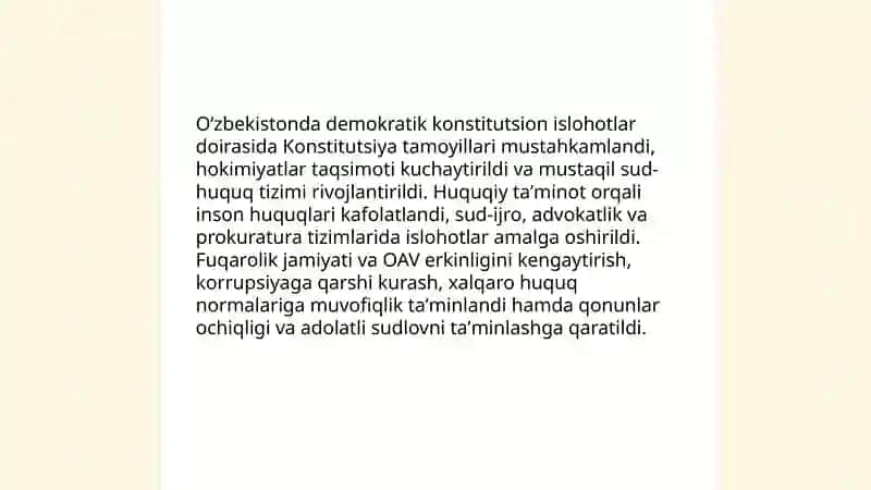 Oʻzbekistonda demokratik fuqarolik jamiyati asoslarining shakllanishi amalga oshirilgan islohotlar 3
