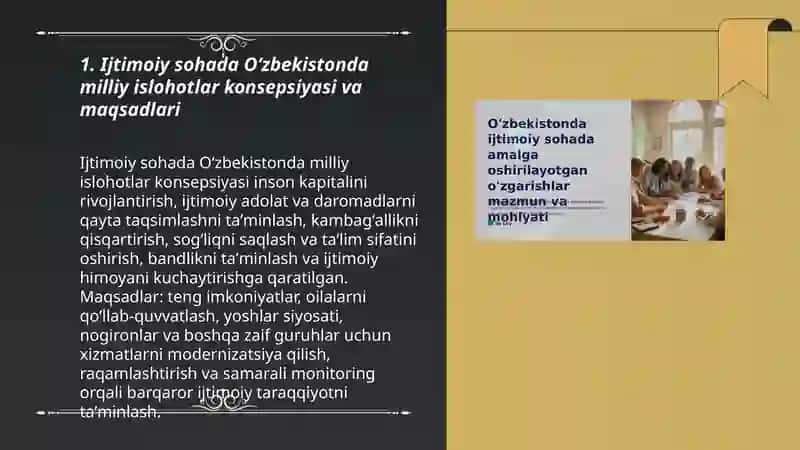 Oʻzbekistonda ijtimoiy sohada amalga oshirilayotgan oʻzgarishlar mazmun va mohiyati 3