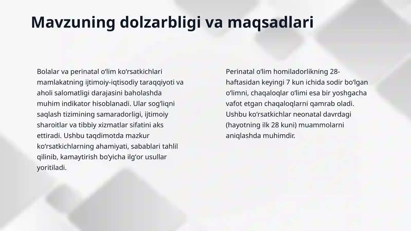 Bolalar va perinatal bolalar oʻlim koʻrsatkichlari va ularni ahvoli salomatligiga baho berishdagi ahamiyati 3