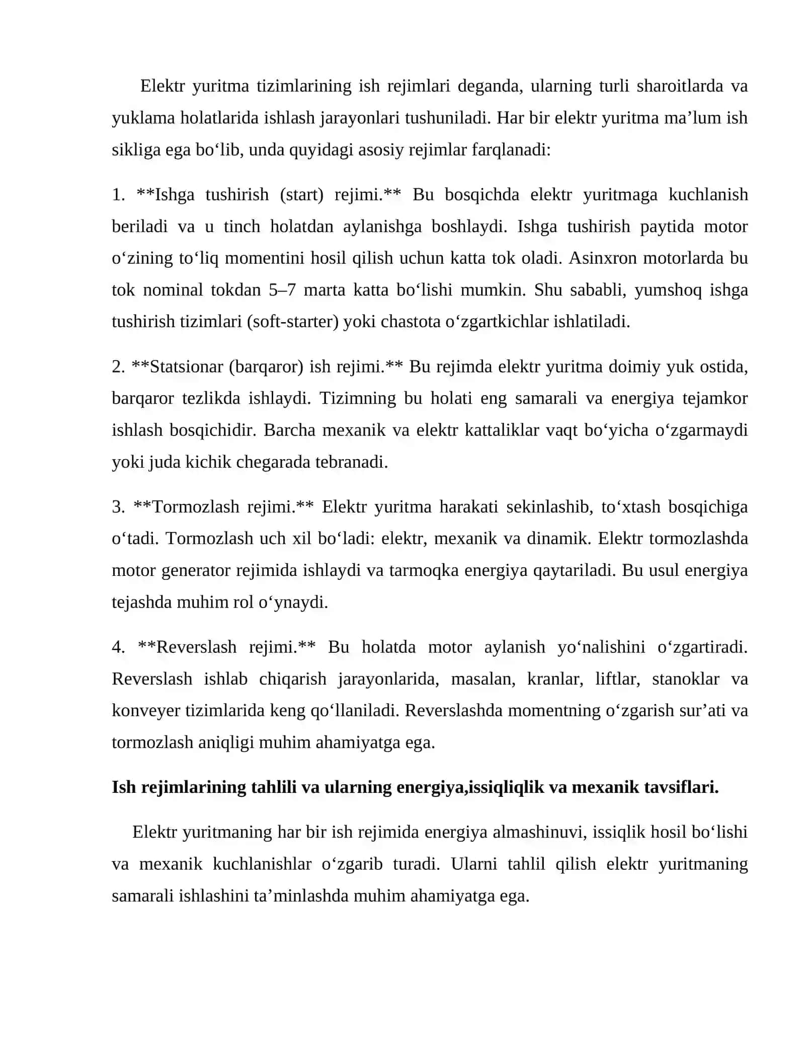 Elektr yuritma tizimlarining ish rejimlari 3