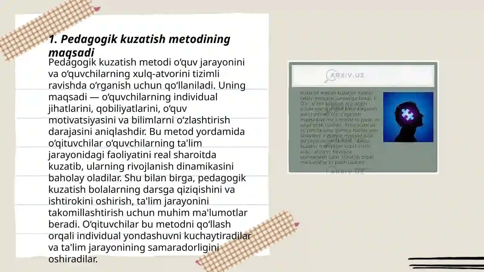 Pedagogik kuzatish metodi:turlari va unga qo'yiladigan asosiy talablar 3