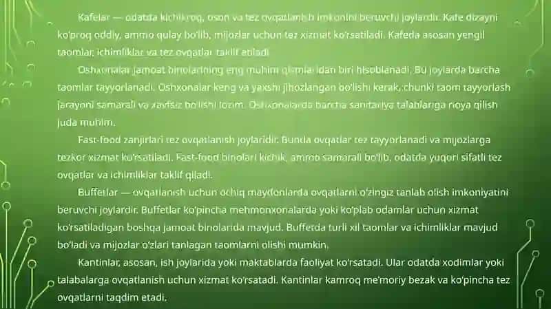 Umumiy ovqatlanish binolarning turlari, asosiy xonalarni loyihalashga qo’yiladigan talablar 3