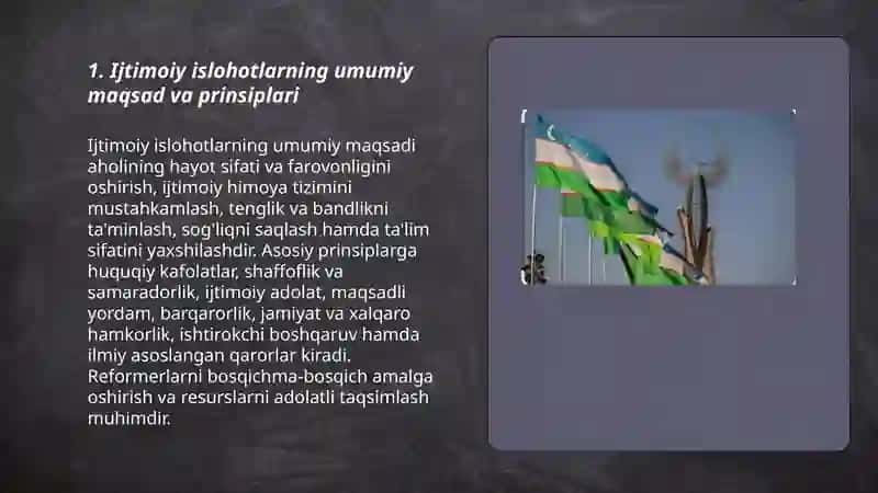 Oʻzbekiston Respublikasidagi ijtimoiy sohadagi islohotlar mazmun va mohiyati 3