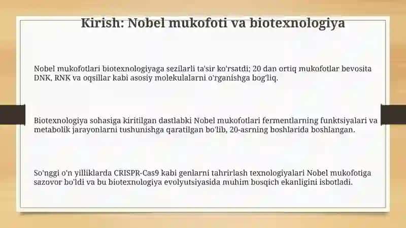 Nobel mukofoti sovrindorlari ularning biotexnologiyaga qoʻshgan xissasi 3