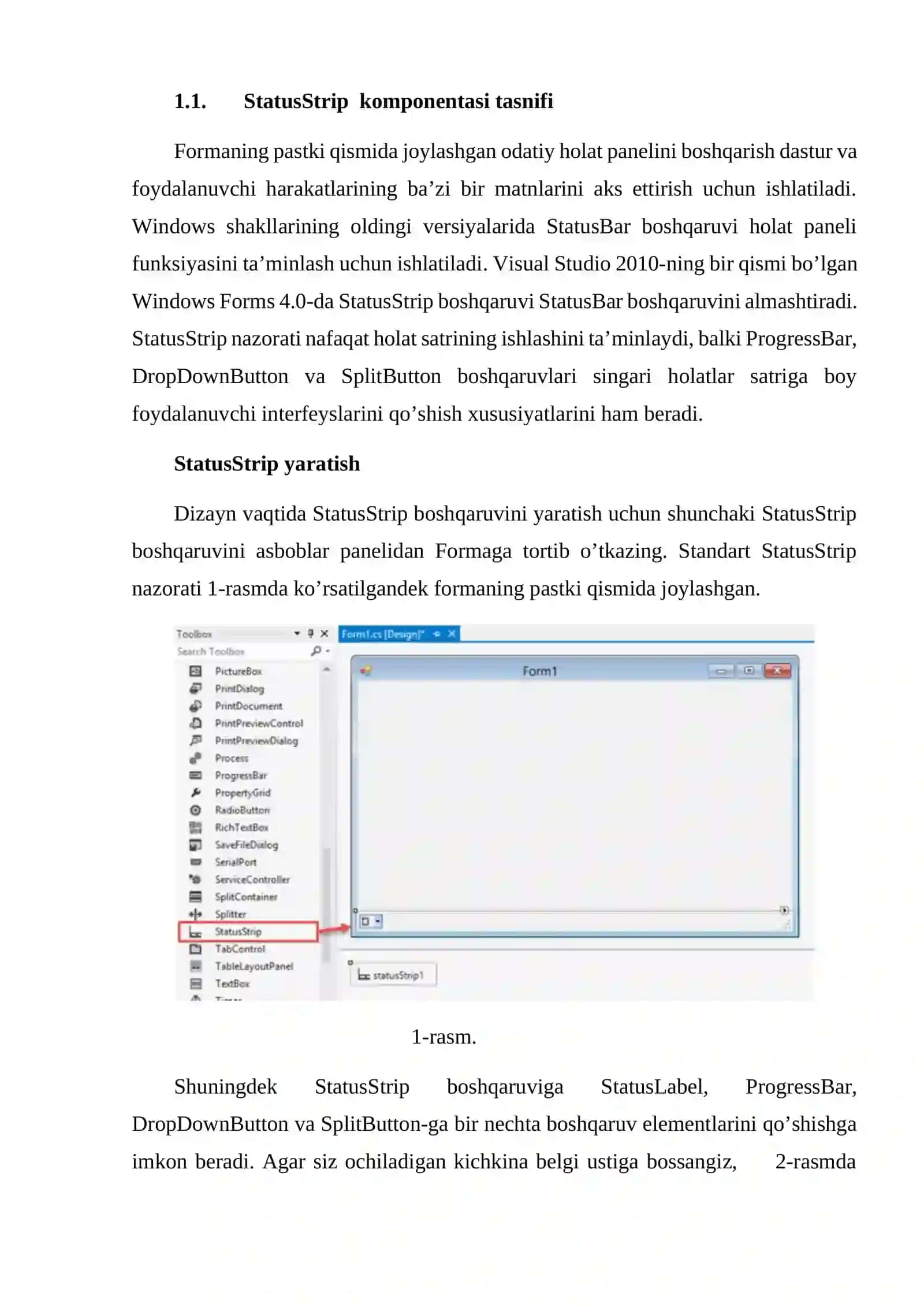 Visual Studio muhitida StatusStrip komponentasi va uning imkoniyatlari 3