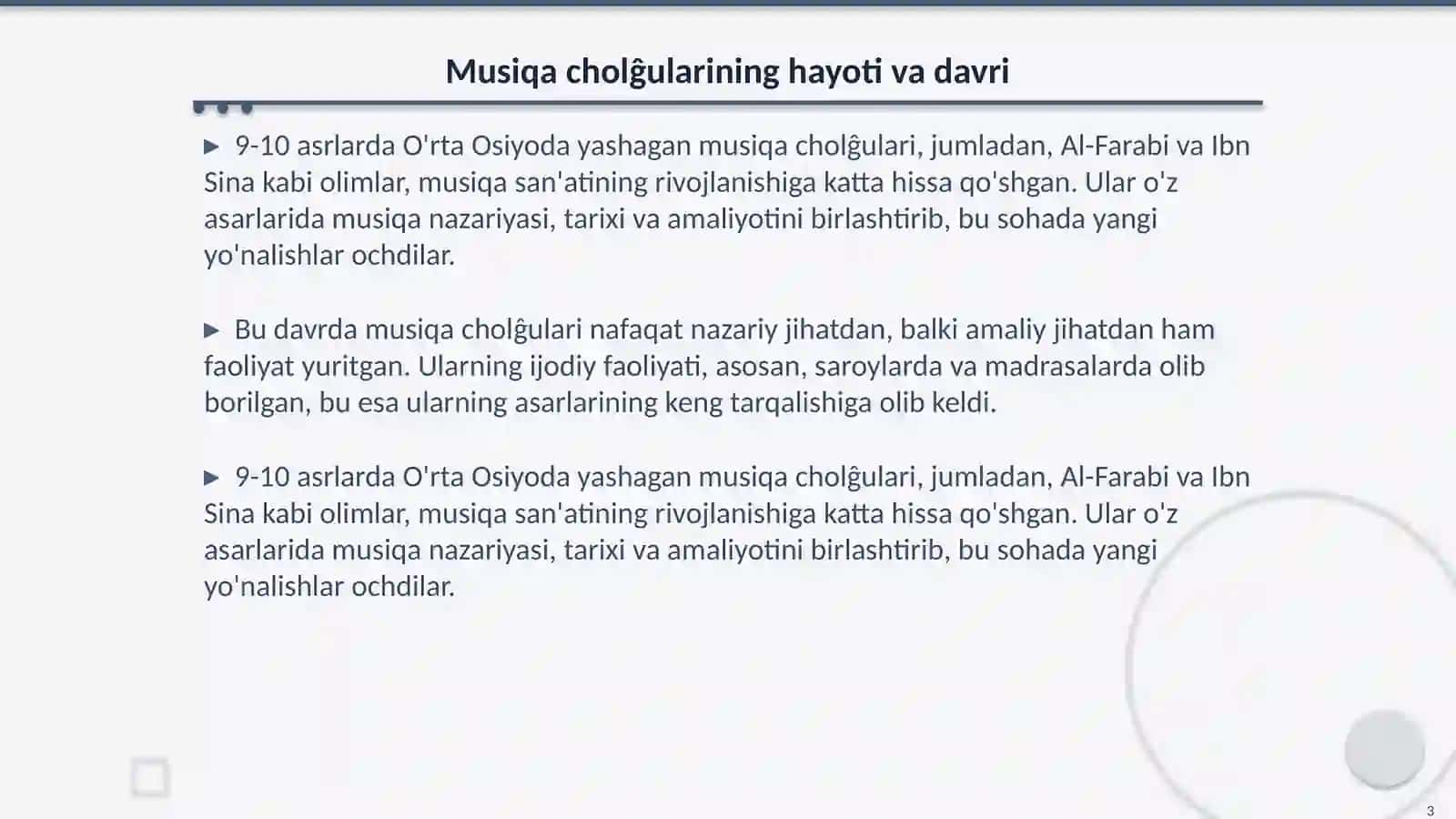 Musiqa cholĝulari 9-10 asrlarda yashab ijod etgan olimlarning risolalarida aks ettirilishi 3