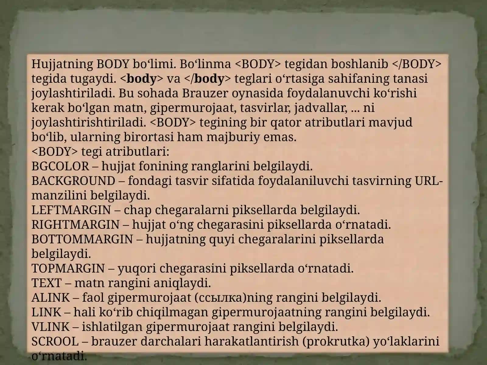 HTML sintaksisi, semantik belgilash, HTML hujjatlarining tuzilishi 3