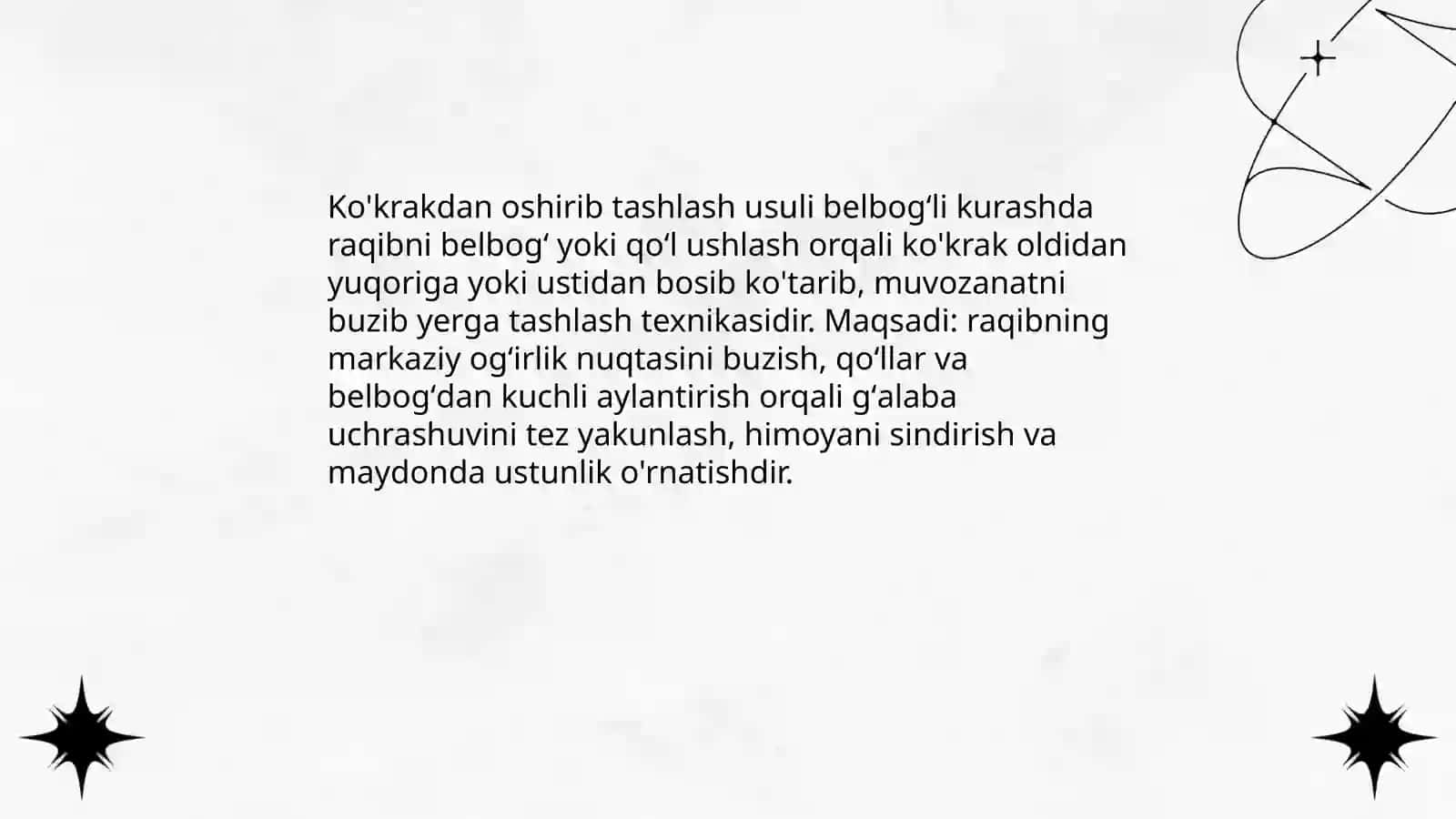 Belbog'li kurashda koʻkrakdan oshirib tashlash usuli 3