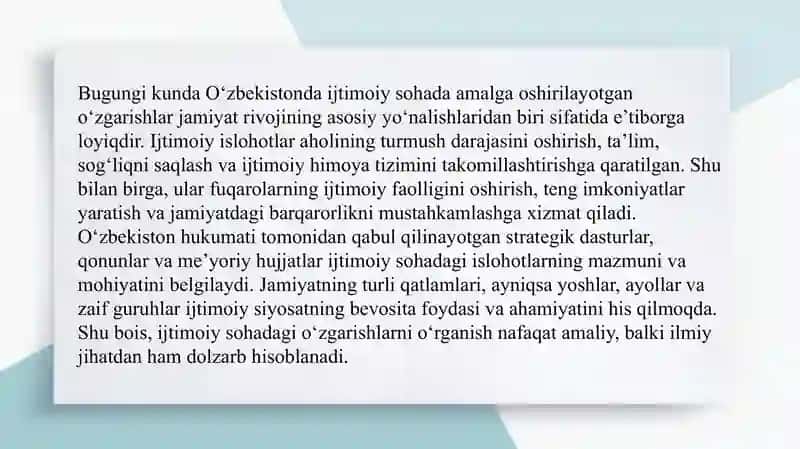 O‘zbekistonda ijtimoiy sohada amalga oshirilayotgan o‘zgarishlar mazmun va mohiyati SLAYD 3