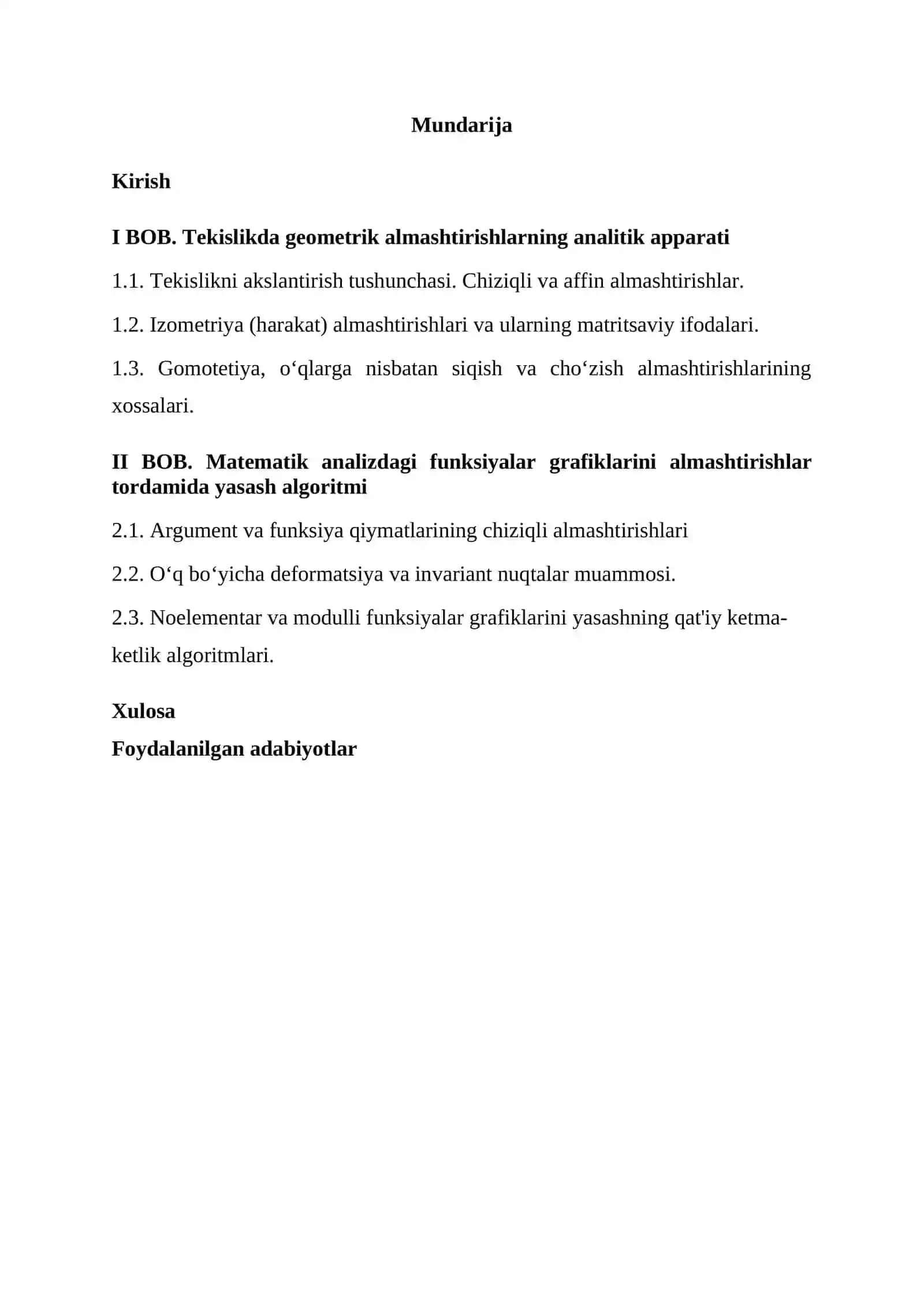 Kurs ishi: Tekislikda almashtirishlar yordamida funksiya grafiklarini chizish 3