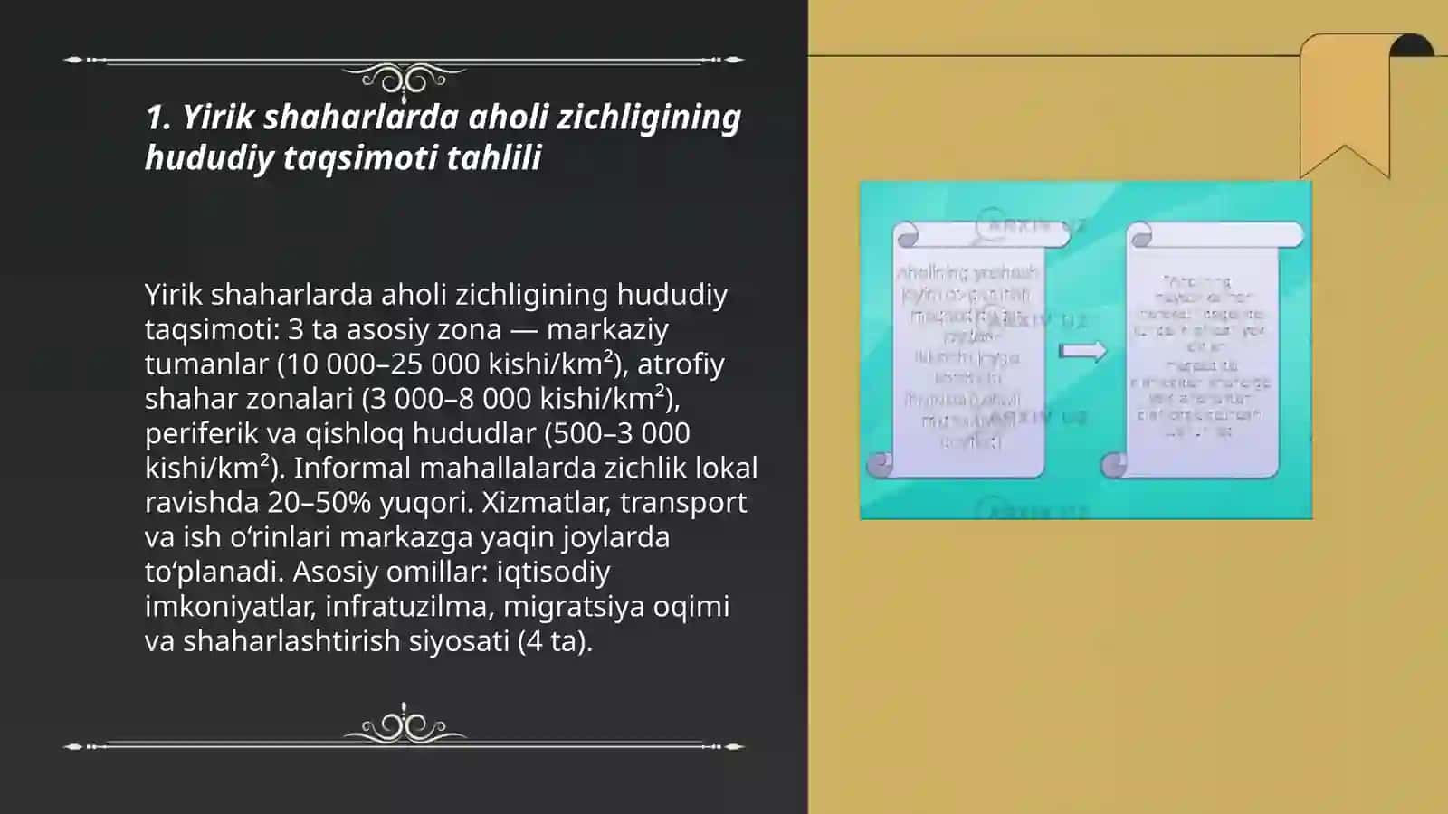 Yirik shaharlarda aholi zichligi, tabiiy õshish migratsiya sabablarini tahlil qilish 3