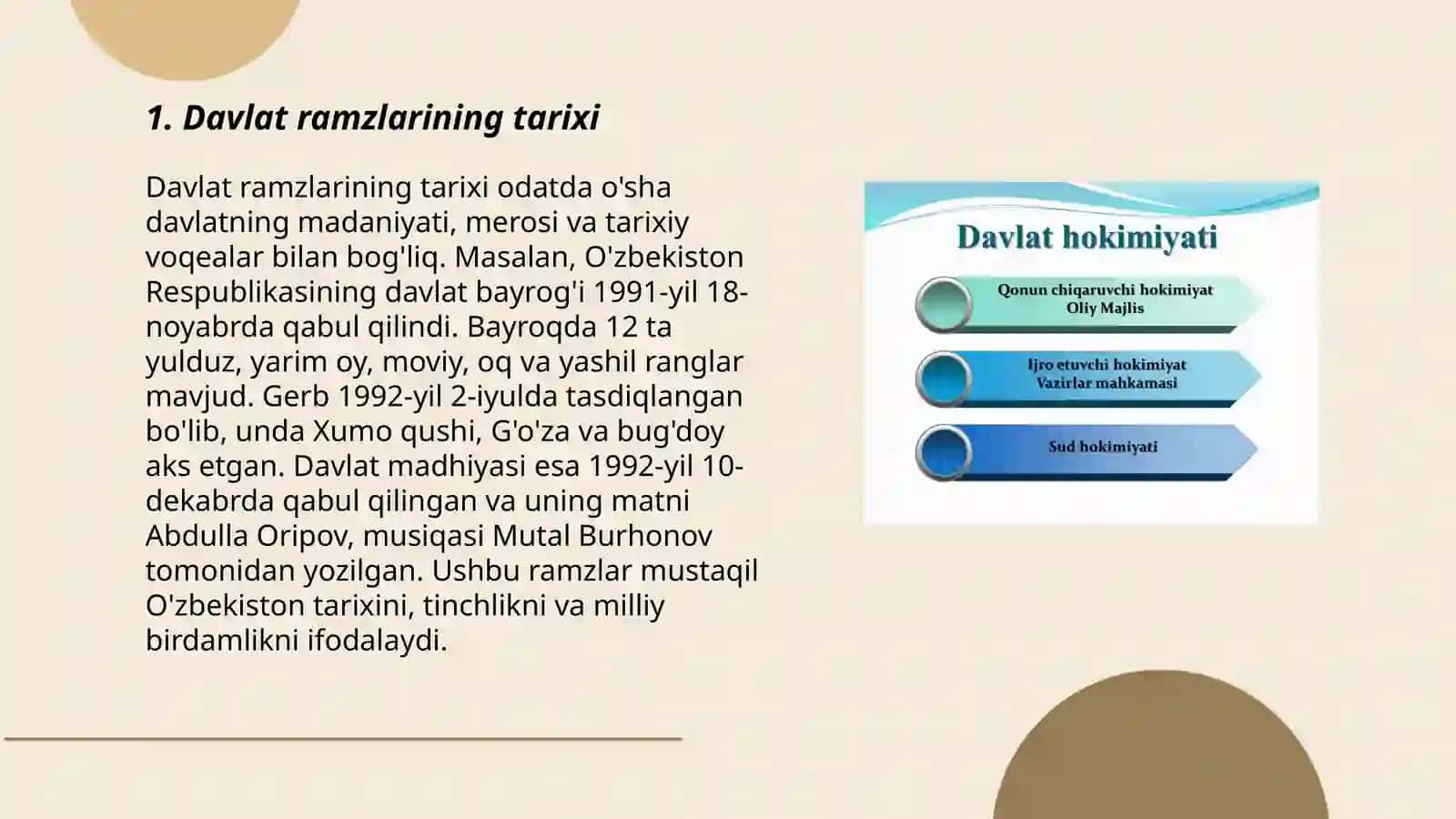 Davlat ramzilari. Mustaqil O'zbekistonda hokimyatlar bo'linishi prinsipi 3