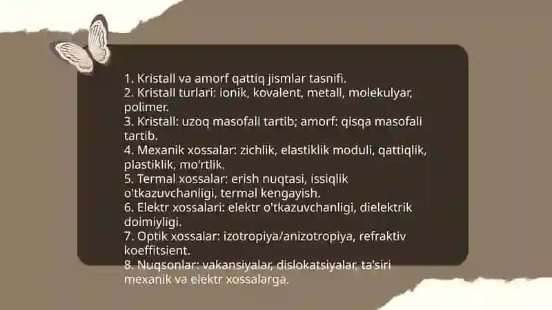 Qattiq jismlar. Kristal va amorf qattiq jismlar. Polimerlar. Suyuq kristallar. Qattiq jism va organizm to'qimalarining mexanikaviy xossalari. Hasanov Og'abek 3