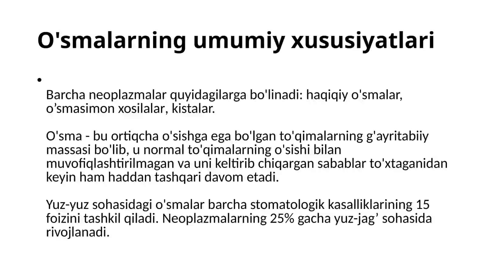 Yuz-jag‘ sohasi yumshoq to‘qimalari xavfsiz o‘smalari va o‘smasimon hosilalari (fibroma, fibramatoz, epulis, lipoma, gemangioma, limfangioma) 3