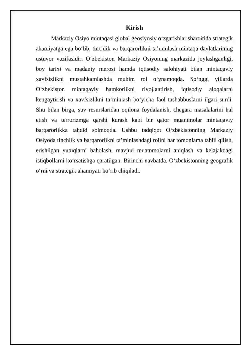 Oʻzbekistonning markaziy Osiyoda tinchlik va barqarorlikni taʼminlashdagi oʻrni 3