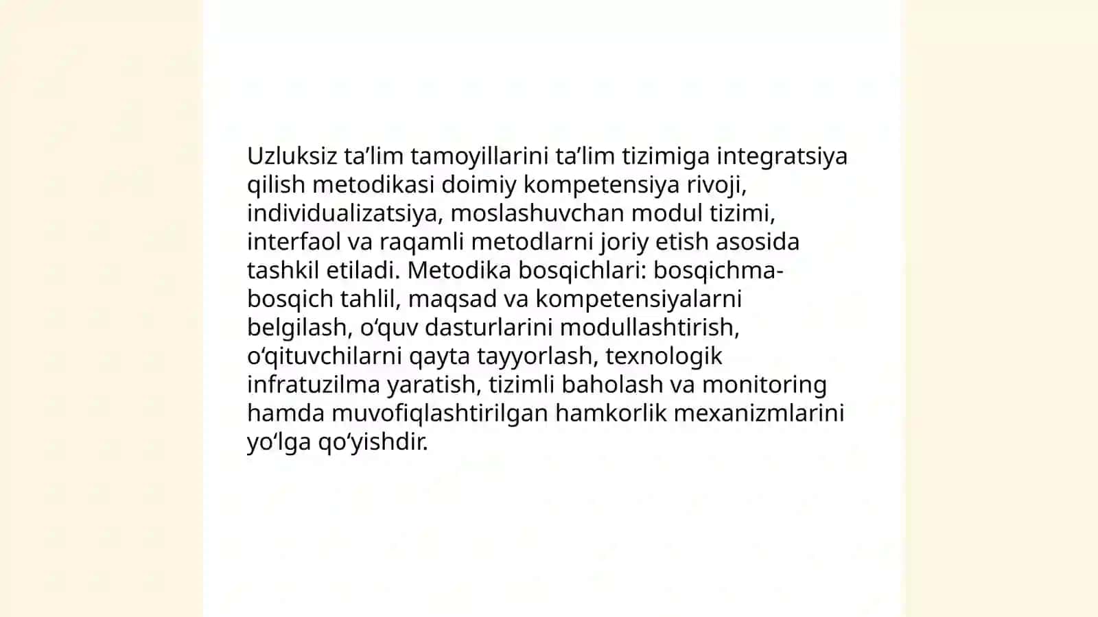 Uzluksiz ta’limdagi tendensiyalarning ta’lim tizimiga mos bo‘lishi metodikasini o‘zlashtirish 3
