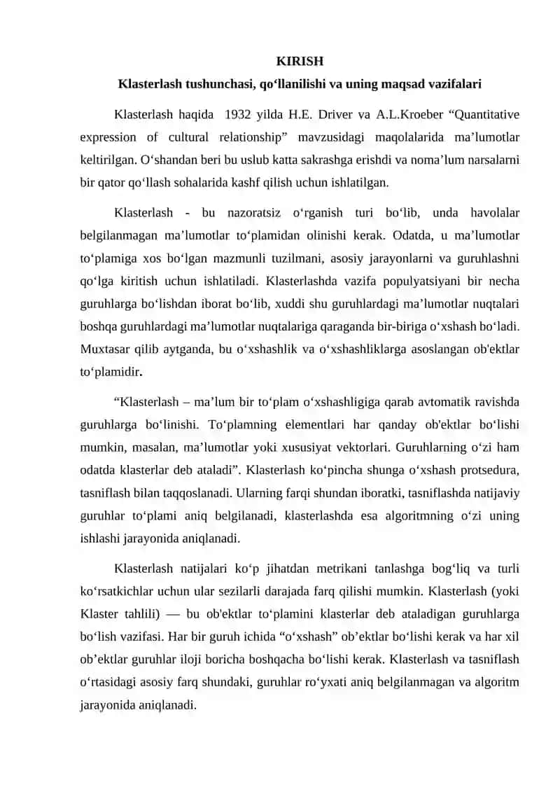 Axborot izlashda klasterlash (klasterlash tushunchasi va ahamiyati, hujjatlarni klasterlash algoritmlari (k-means, dbscan va b.), axborot qidiruvda klasterlashning afzalliklari). 3
