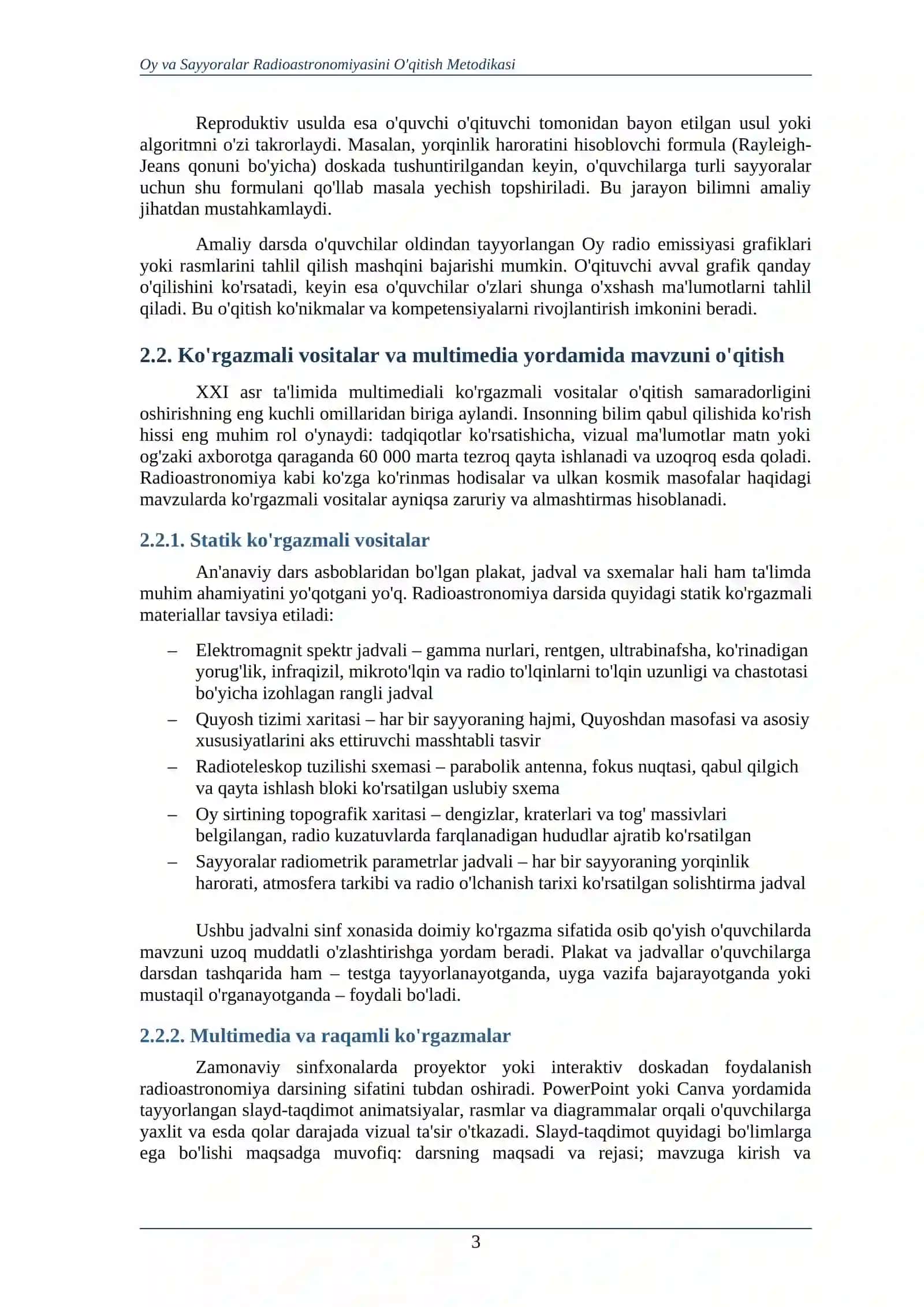 OY VA SAYYORALAR RADIOASTRONOMIK TADQIQOTLARINI O‘QITISH METODIKASI 3