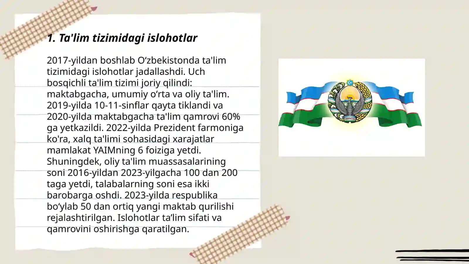 O'zbekiston Respublikasidagi ijtimoiy sohadagi o'zgarishlar 3