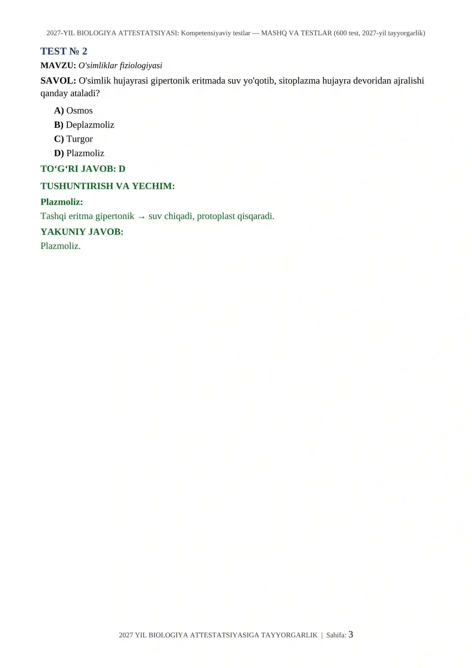 2027-YIL BIOLOGIYA ATTESTATSIYASI: Kompetensiyaviy testlar — MASHQ VA TESTLAR (600 test, 2027-yil tayyorgarlik) 3