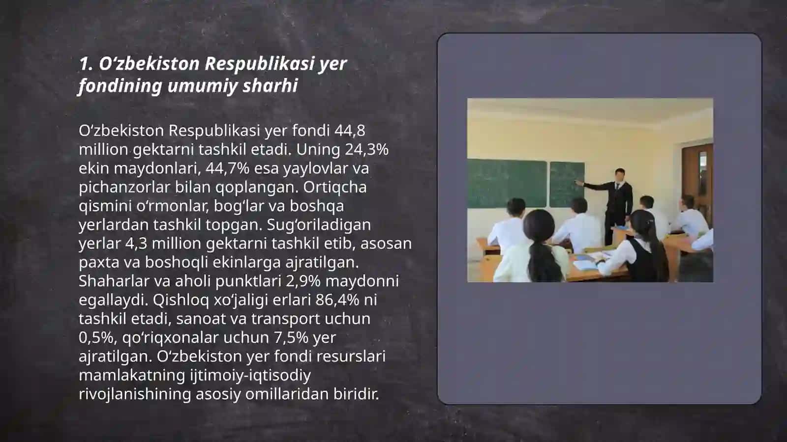 Ozbekiston Respublikasi yer fondi va tuproqlarini tavsiflash hamda ularning osimliklar dunyosi togrisida taqdimot tayorlash 3