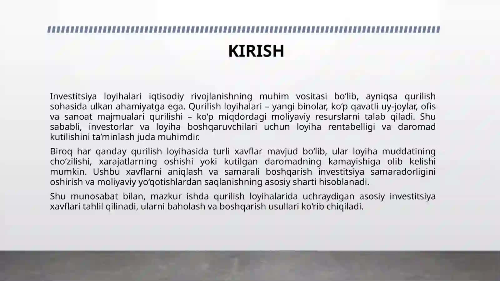 Qurilish loyihalarida investitsiya xavflarini aniqlash va boshqarish usullari 3