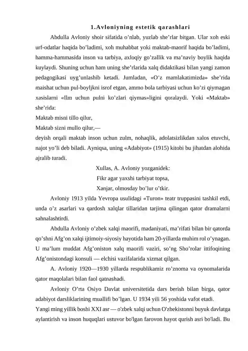 Avloniyning estetik qarashlari va falsafiy tahlili 3